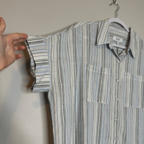 OAT Short Sleeve Blue Gray Striped Button Up Cotton Shirt Women’s Large NWT - Picture 3 of 8